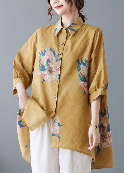 Style Yellow Oversized Print Cotton Shirt Top Half Sleeve LY1499