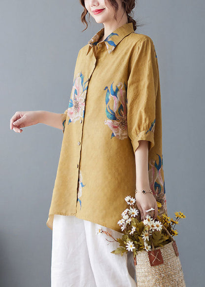 Style Yellow Oversized Print Cotton Shirt Top Half Sleeve LY1499