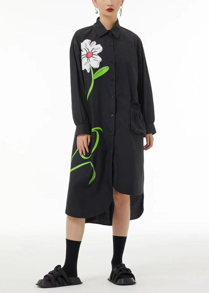 Stylish Black Asymmetrical Floral Pocket Cotton Vacation Dresses Spring LC0108