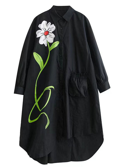 Stylish Black Asymmetrical Floral Pocket Cotton Vacation Dresses Spring LC0108