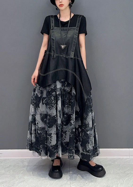 Stylish Black Asymmetrical Patchwork Exra Large Hem Chiffon Strap Dress Summer LY1587