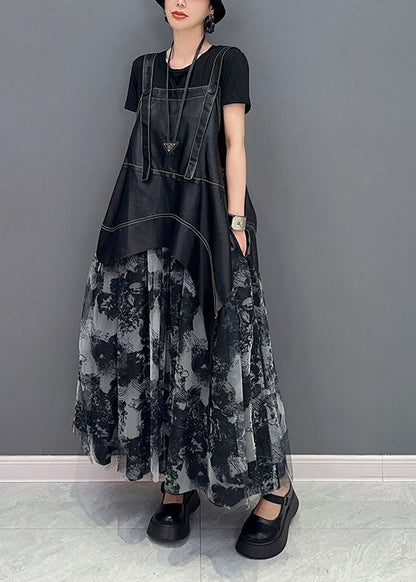 Stylish Black Asymmetrical Patchwork Exra Large Hem Chiffon Strap Dress Summer LY1587