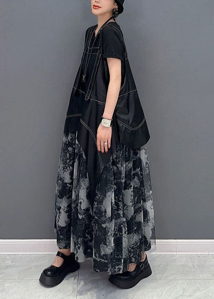 Stylish Black Asymmetrical Patchwork Exra Large Hem Chiffon Strap Dress Summer LY1587