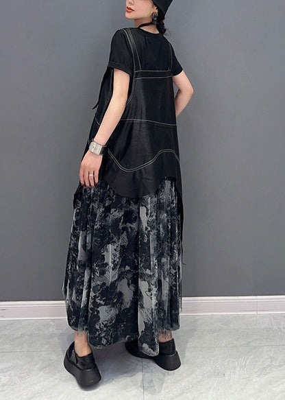 Stylish Black Asymmetrical Patchwork Exra Large Hem Chiffon Strap Dress Summer LY1587