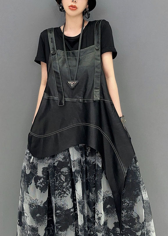 Stylish Black Asymmetrical Patchwork Exra Large Hem Chiffon Strap Dress Summer LY1587