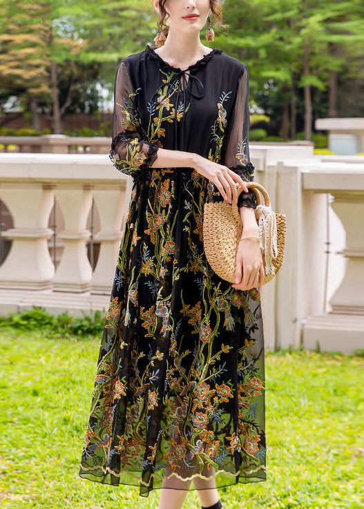 Stylish Black Embroideried Hollow Out Silk Maxi Dresses Summer LY0738