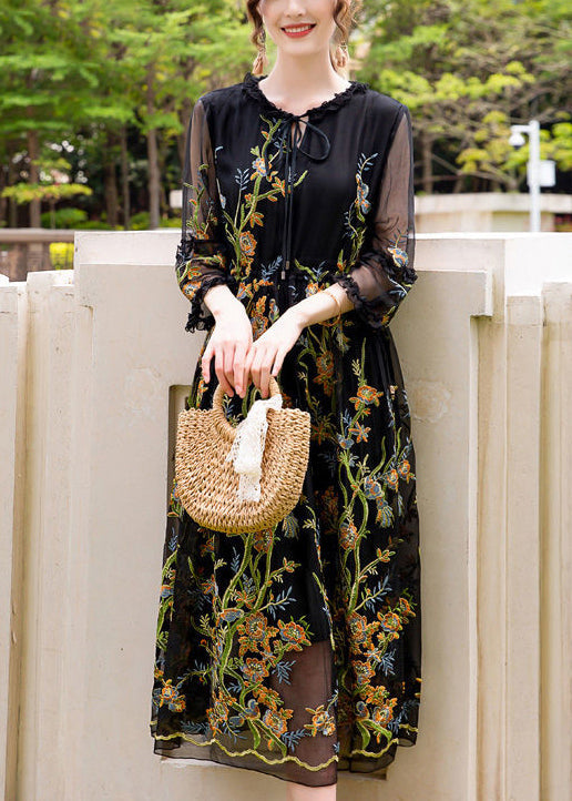 Stylish Black Embroideried Hollow Out Silk Maxi Dresses Summer LY0738