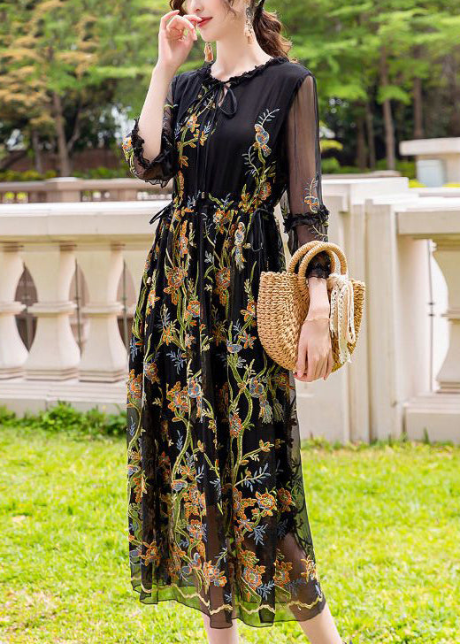 Stylish Black Embroideried Hollow Out Silk Maxi Dresses Summer LY0738