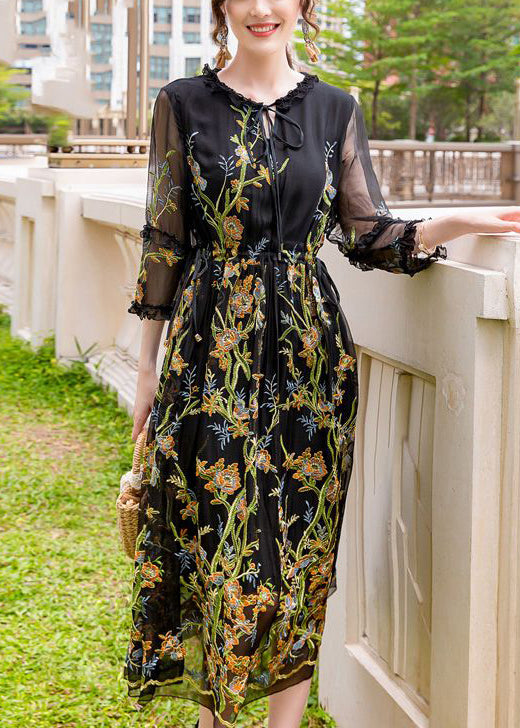 Stylish Black Embroideried Hollow Out Silk Maxi Dresses Summer LY0738