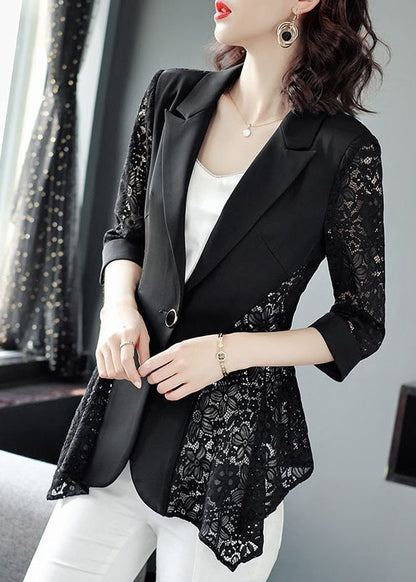 Stylish Black Notched Collar Lace Patchwork Hollow Out Spandex Coats Summer LY0993