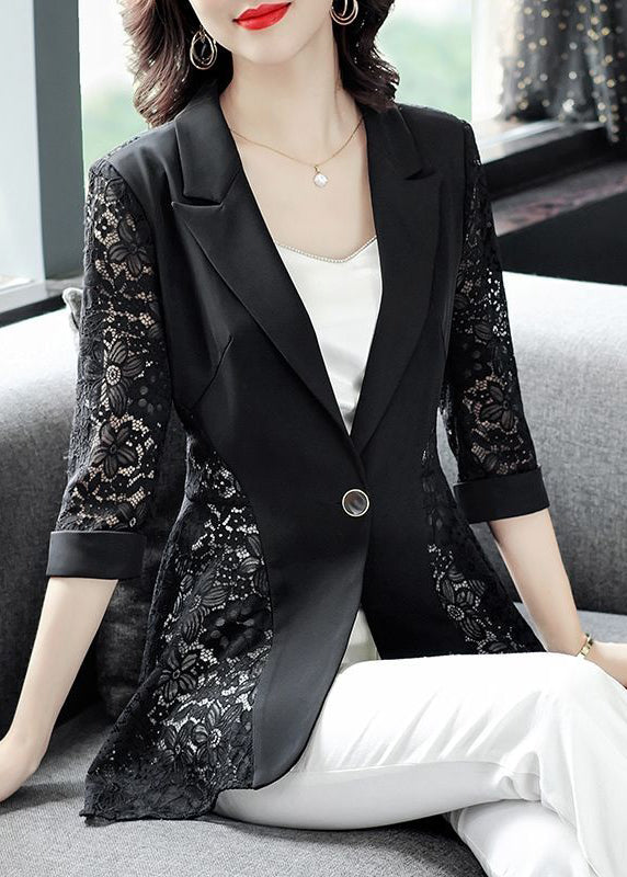 Stylish Black Notched Collar Lace Patchwork Hollow Out Spandex Coats Summer LY0993