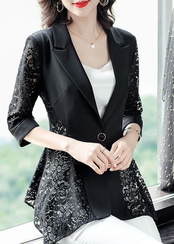 Stylish Black Notched Collar Lace Patchwork Hollow Out Spandex Coats Summer LY0993