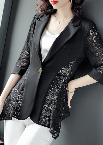 Stylish Black Notched Collar Lace Patchwork Hollow Out Spandex Coats Summer LY0993