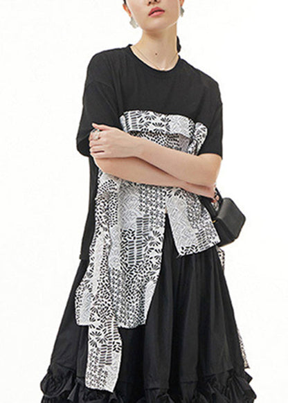 Stylish Black O-Neck Asymmetrical Print Tops Summer LY1210