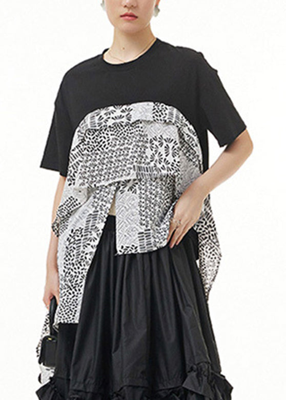 Stylish Black O-Neck Asymmetrical Print Tops Summer LY1210