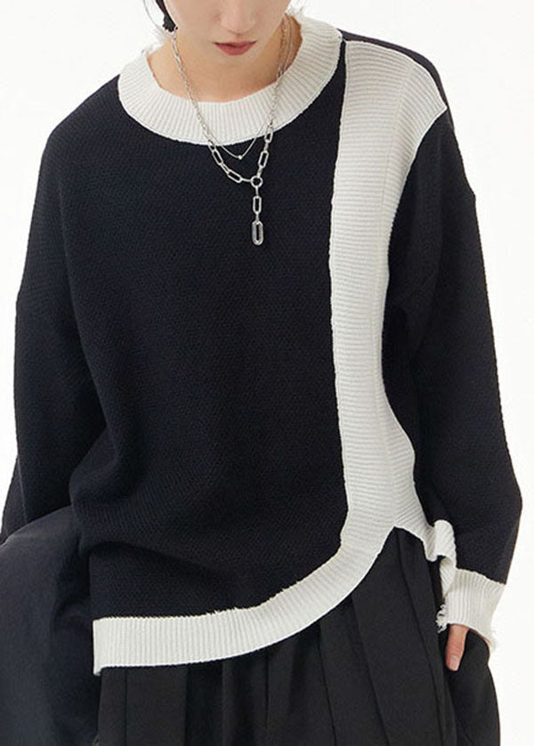 Stylish Black O Neck Patchwork Knit Knitted Tops Spring LY1145