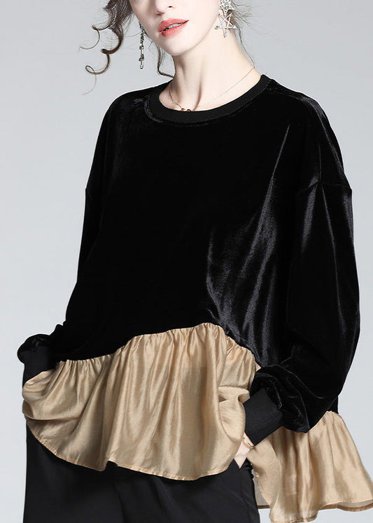 Stylish Black O-Neck Patchwork Velour T Shirt Spring LY0152