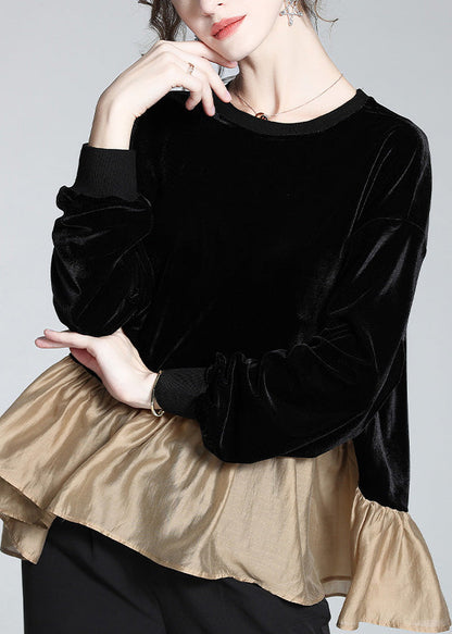 Stylish Black O-Neck Patchwork Velour T Shirt Spring LY0152