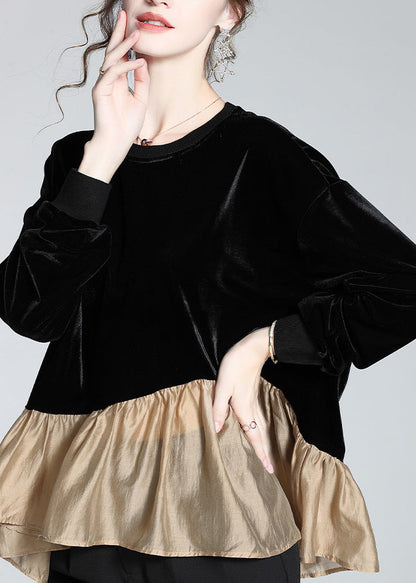 Stylish Black O-Neck Patchwork Velour T Shirt Spring LY0152