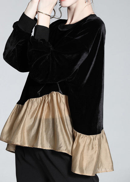 Stylish Black O-Neck Patchwork Velour T Shirt Spring LY0152