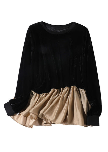 Stylish Black O-Neck Patchwork Velour T Shirt Spring LY0152