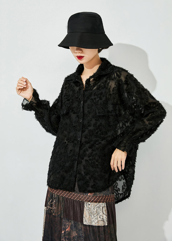 Stylish Black Oversized Jacquar Hollow Out Lace Shirt Top Spring LY0856