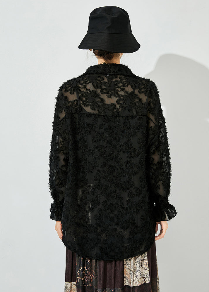 Stylish Black Oversized Jacquar Hollow Out Lace Shirt Top Spring LY0856