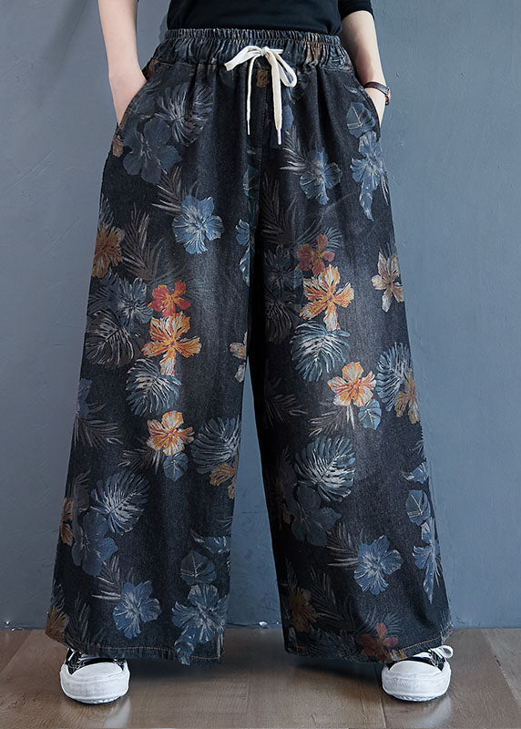 Stylish Black Oversized Print Cotton Denim Straight Pants Spring LY1539