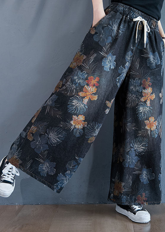 Stylish Black Oversized Print Cotton Denim Straight Pants Spring LY1539