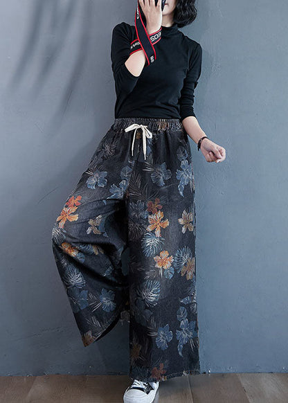 Stylish Black Oversized Print Cotton Denim Straight Pants Spring LY1539