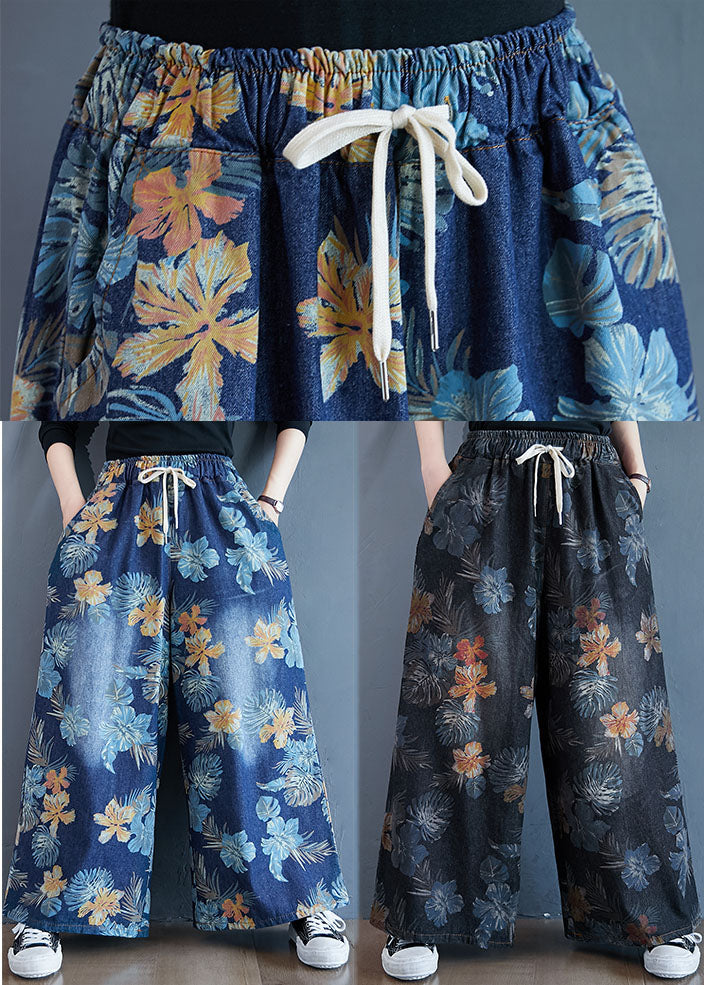 Stylish Black Oversized Print Cotton Denim Straight Pants Spring LY1539