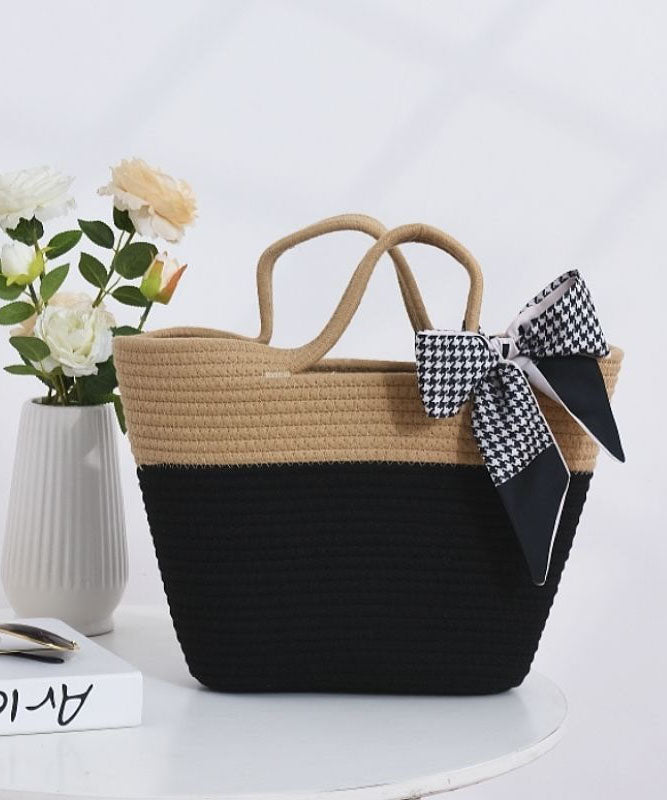 Stylish Black Patchwork Knit Fabric Cotton Beach Tote Handbag LY1373