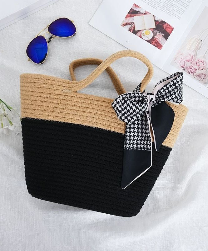 Stylish Black Patchwork Knit Fabric Cotton Beach Tote Handbag LY1373