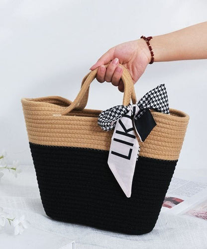 Stylish Black Patchwork Knit Fabric Cotton Beach Tote Handbag LY1373