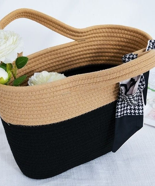 Stylish Black Patchwork Knit Fabric Cotton Beach Tote Handbag LY1373