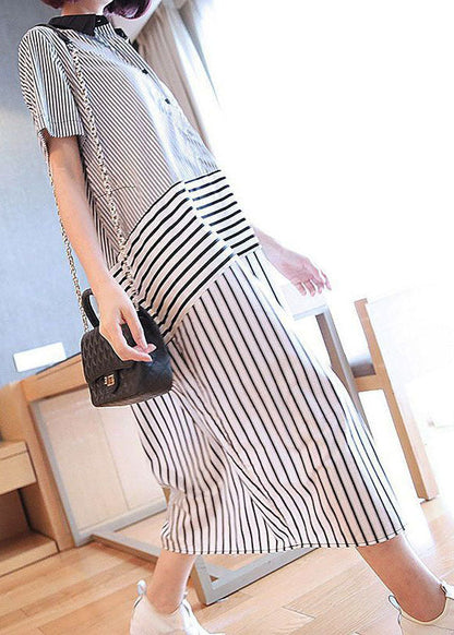 Stylish Black Peter Pan Collar Patchwork Striped Cotton Shirt Dress Summer LY1410