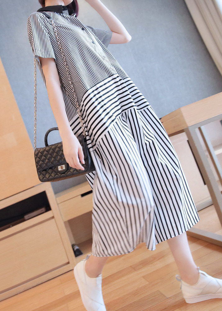 Stylish Black Peter Pan Collar Patchwork Striped Cotton Shirt Dress Summer LY1410