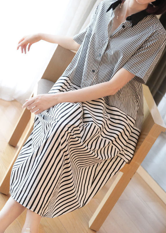 Stylish Black Peter Pan Collar Patchwork Striped Cotton Shirt Dress Summer LY1410