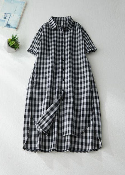 Stylish Black Peter Pan Collar Plaid Linen Shirts Dresses Summer LY0626