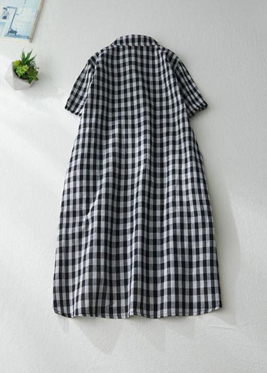 Stylish Black Peter Pan Collar Plaid Linen Shirts Dresses Summer LY0626