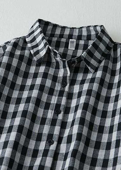 Stylish Black Peter Pan Collar Plaid Linen Shirts Dresses Summer LY0626