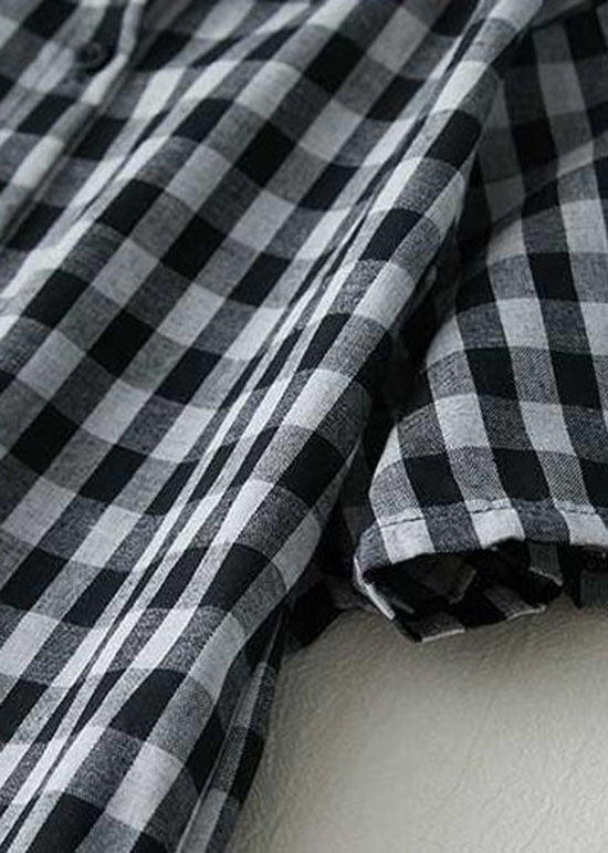 Stylish Black Peter Pan Collar Plaid Linen Shirts Dresses Summer LY0626