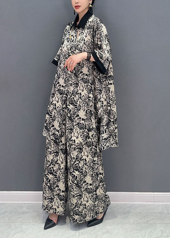 Stylish Black Print Oversized Draping Chiffon Two Pieces Set Summer LY1603