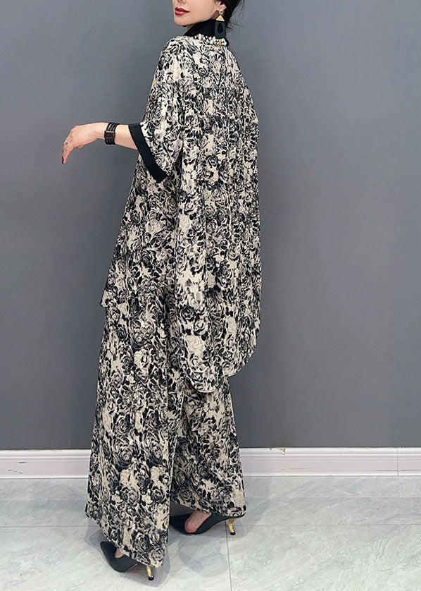 Stylish Black Print Oversized Draping Chiffon Two Pieces Set Summer LY1603