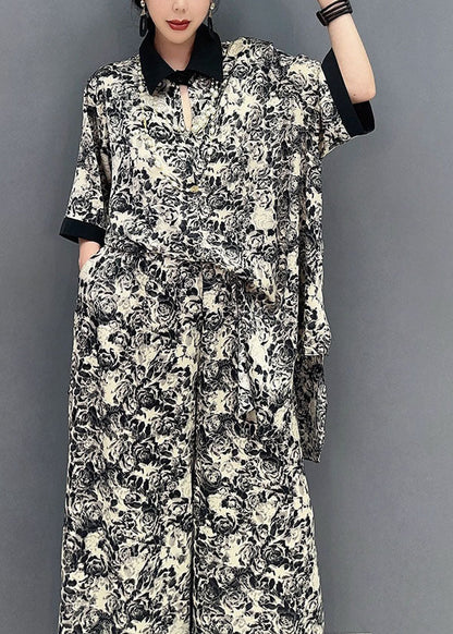 Stylish Black Print Oversized Draping Chiffon Two Pieces Set Summer LY1603