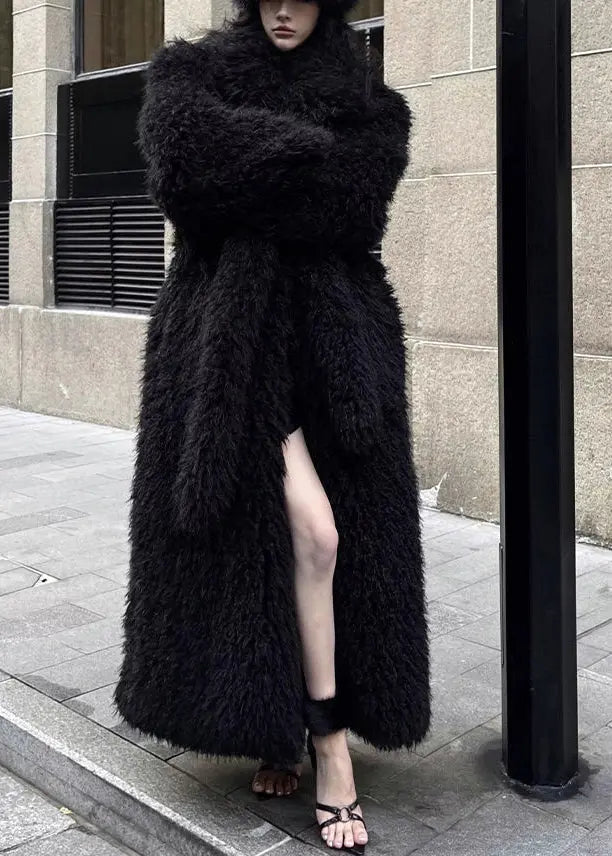 Stylish Black Tie Waist Patchwork Fuzzy Fur Fluffy Coat Winter Ada Fashion