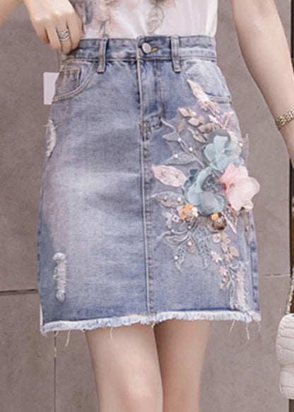 Stylish Blue Floral Patchwork High Waist Nail Bead Denim Skirt TY1073