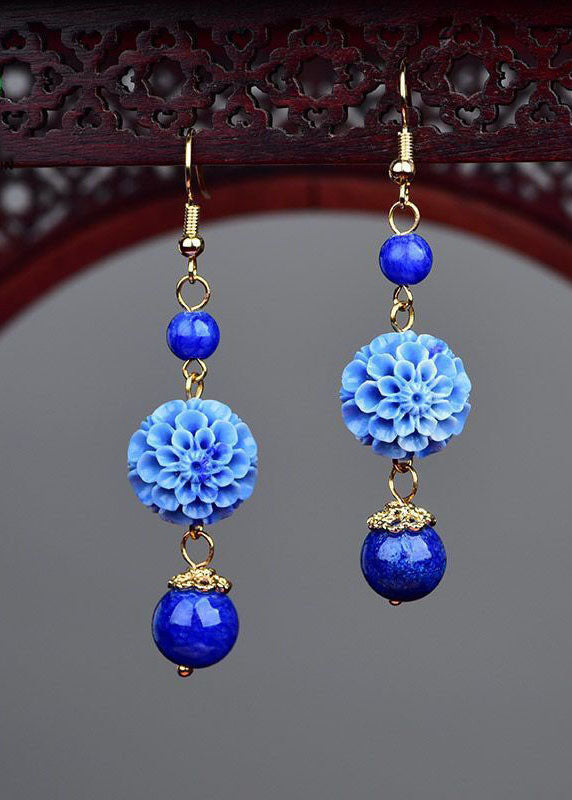 Stylish Blue Jade Floral Tassel Silver Drop Earrings HE1023