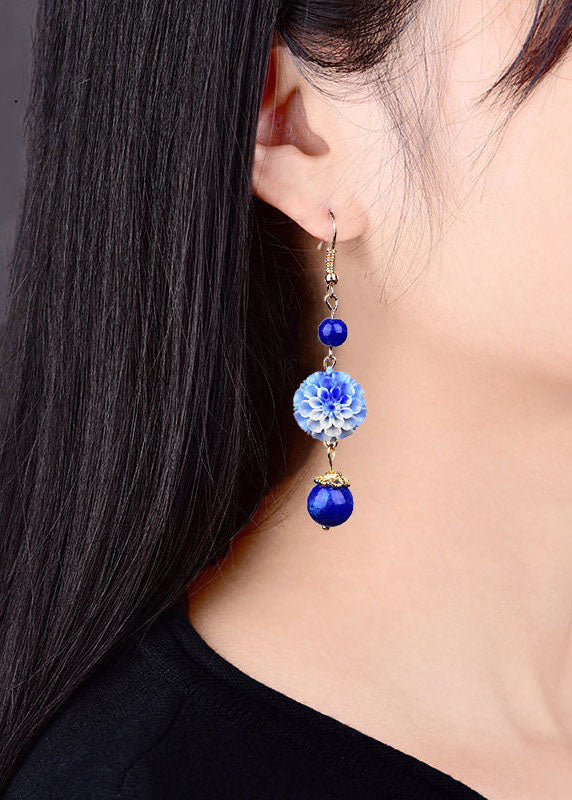 Stylish Blue Jade Floral Tassel Silver Drop Earrings HE1023