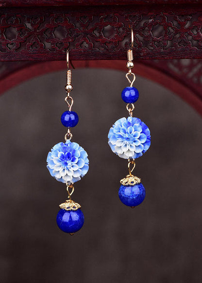 Stylish Blue Jade Floral Tassel Silver Drop Earrings HE1023